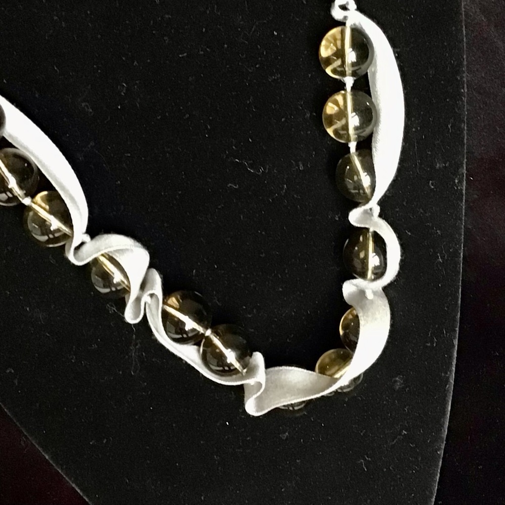 J. Crew Gray Glass Beaded and Ribbon Necklace